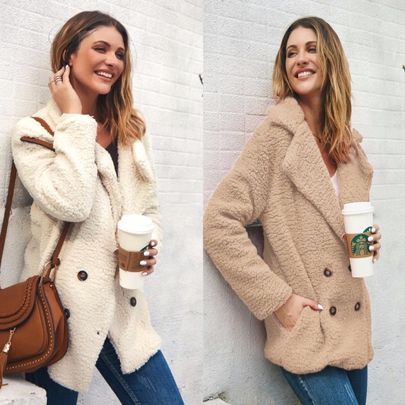 Bellanblue Jackets & Blazers - Button Detail Teddy Furry Jacket - TAUPE